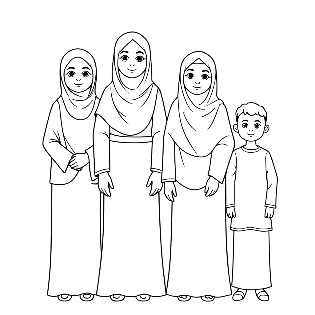 Moslimgezin, moeder met lange hoofddoek, 13 jarige dochter met hoofddoek en lange jurk, 11 jarige dochter met hoofddoek en lange jurk en 7 jarige jongen met islamitisch gewaad