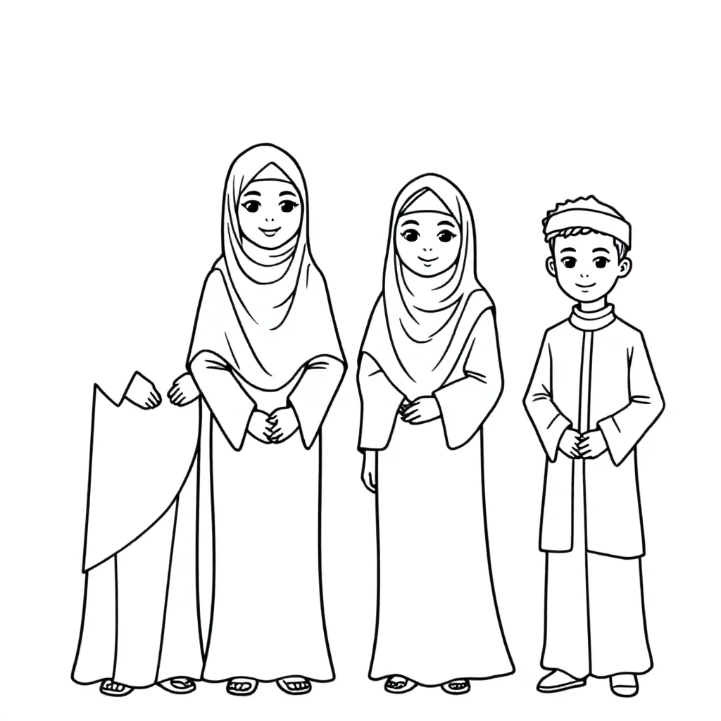 Moslimgezin, moeder met lange hoofddoek, 13 jarige dochter met hoofddoek en lange jurk, 11 jarige dochter met hoofddoek en lange jurk en 7 jarige jongen met islamitisch gewaad