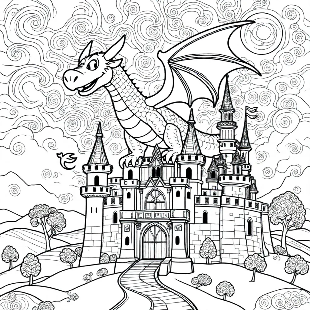 een magische draak die over een kasteel vliegt
