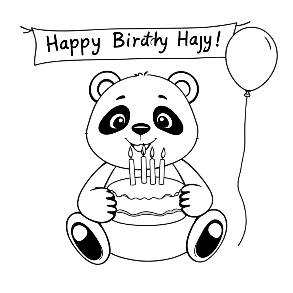 Een panda die een taart vasthoudt. Op de taart staan twee kaarsen in de vorm van het getal 11. Boven de panda hangt een spandoek met de tekst Gefeliciteerd Hajar. Ernaast hangen ballonnen.