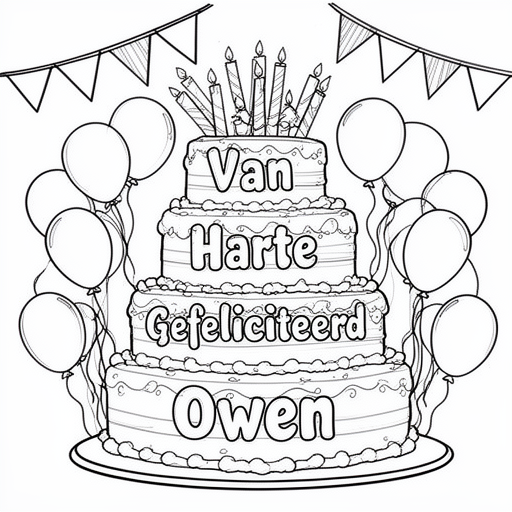 een super feestelijke taart en veeel mooie ballonnnen en vlachetjes en heel veel versieringen en vlachetjes met de naaam Owen