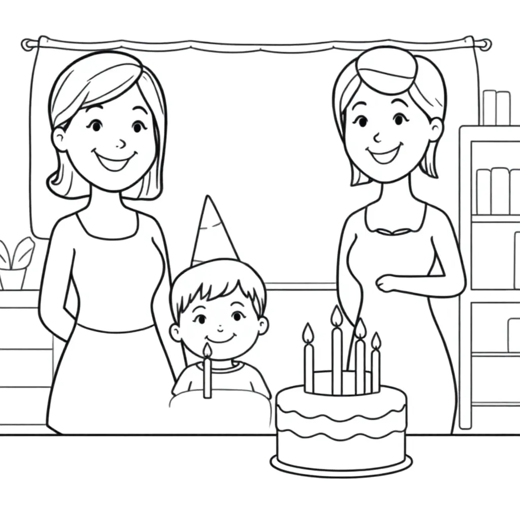 Kleurplaat juffen en kleuters vieren verjaardag in de klas