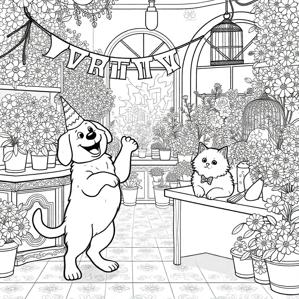 Dog and cat celebrate in the flower shop