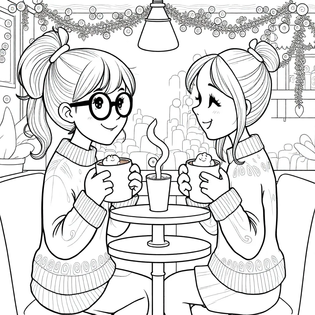deux filles dans un café Chocomel une avec des lunettes et toutes les deux une queue de cheval