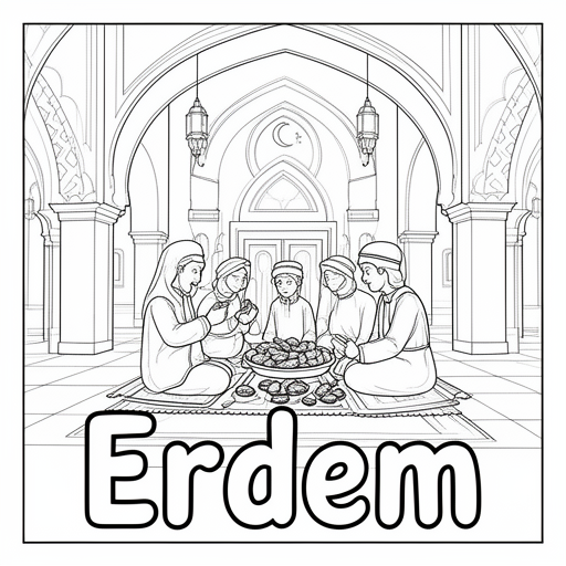 Kleurplaat: Ramadan moskee dadels gezelligheid met tekst 'Erdem'