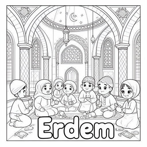 Kleurplaat: Ramadan moskee dadels gezelligheid met tekst 'Erdem'