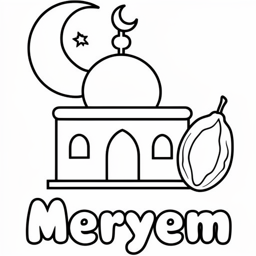 Kleurplaat: Aksa moskee met dadels en maan en ster met tekst 'Meryem'