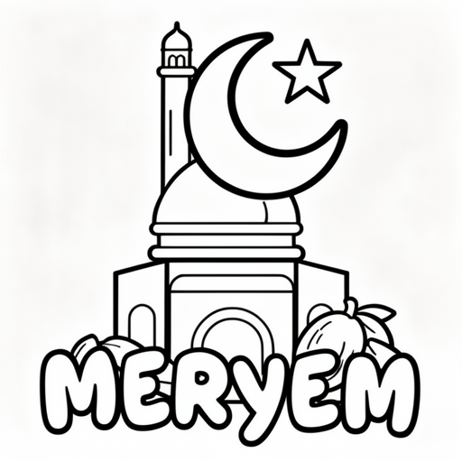 Kleurplaat: Aksa moskee met wat dadels en maan en ster met tekst 'Meryem'