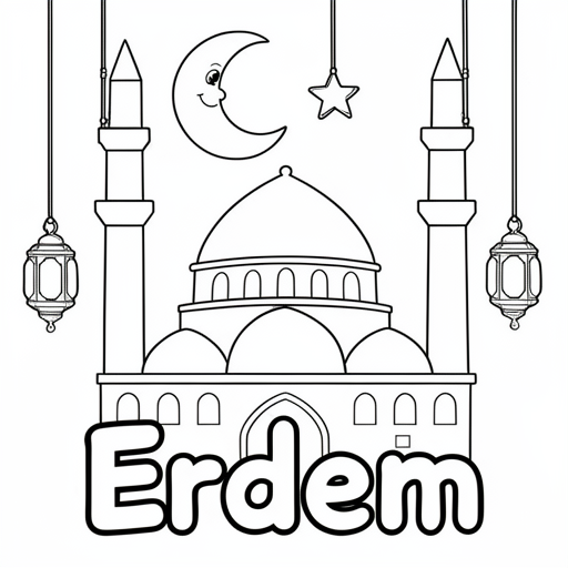 Kleurplaat: Moskee gezellig sfeer Ramadan met tekst 'Erdem'