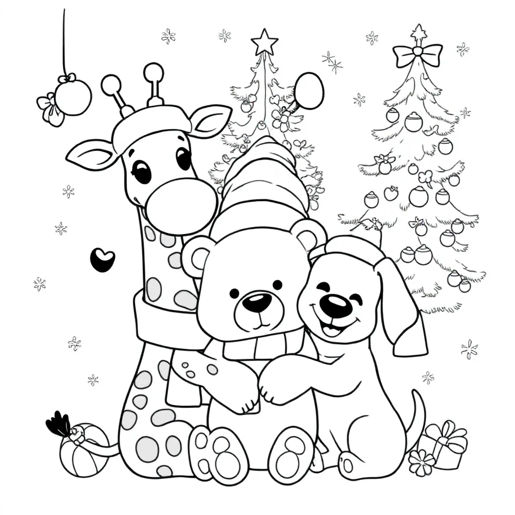 Knuffelgiraf Knuffelbeer Knuffelhond Kerst coloring page for children