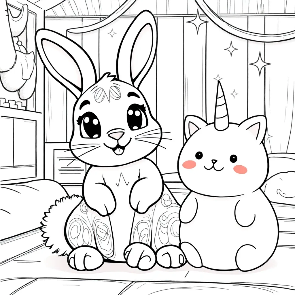 konijntje en een squishmellow in een binnenspeeltuin kleurplaat