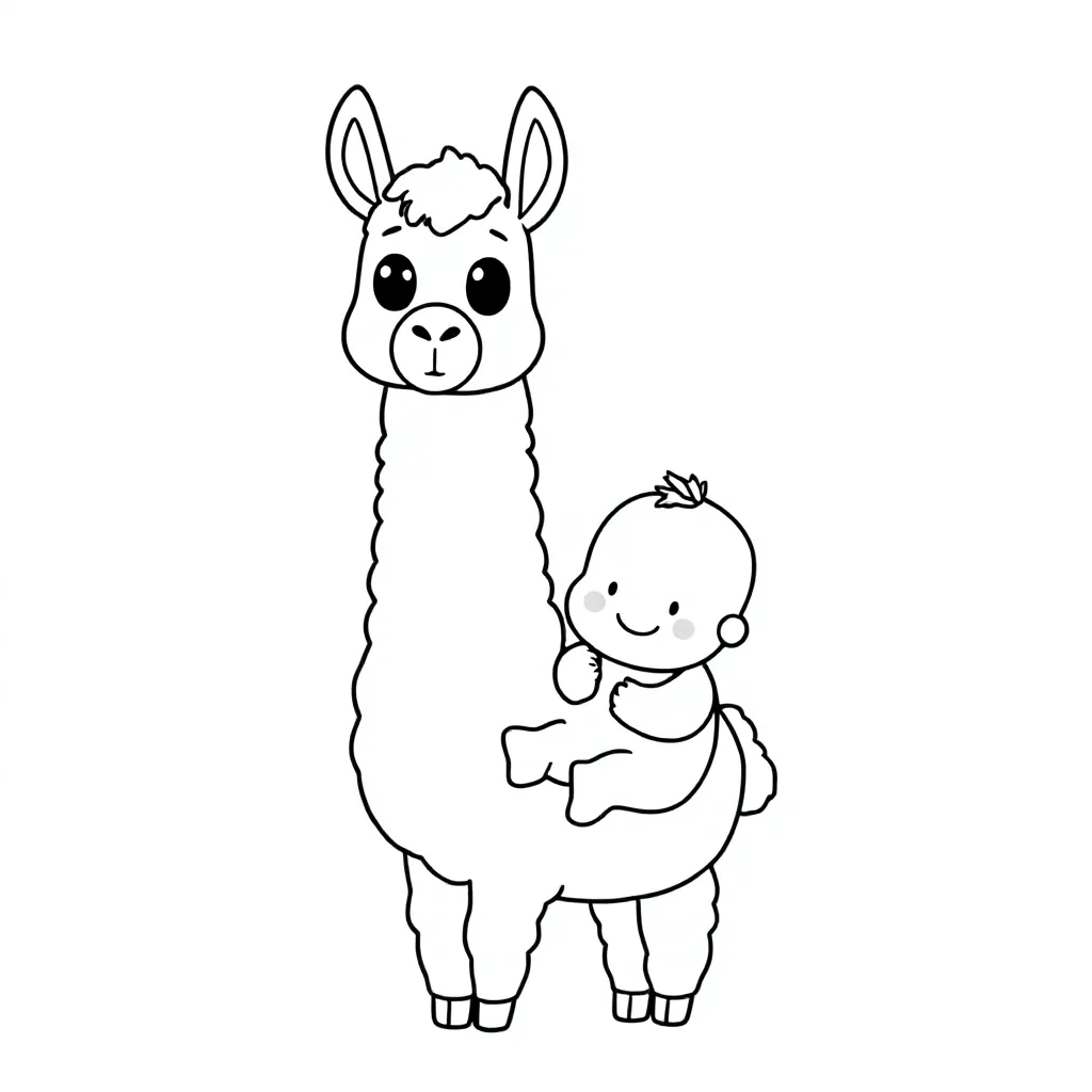 lama caring for a human baby coloring page for children