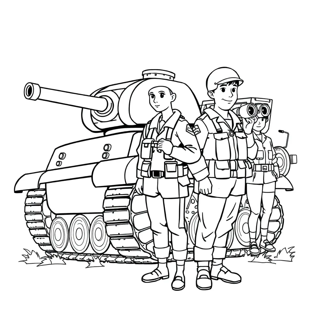 Armée, militaire, véhicules, soldats, coloriage de guerre pour enfants
