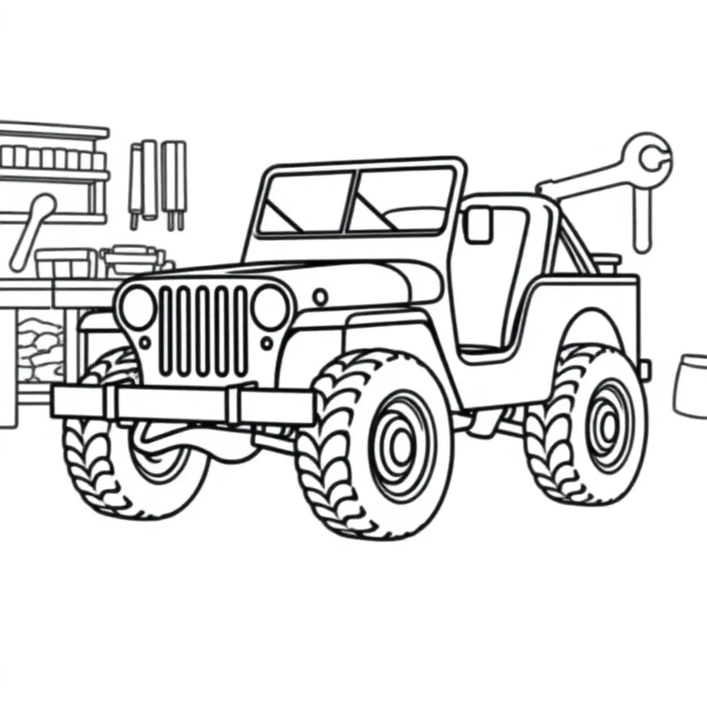 leger willy jeep in werkplaats coloring page for children