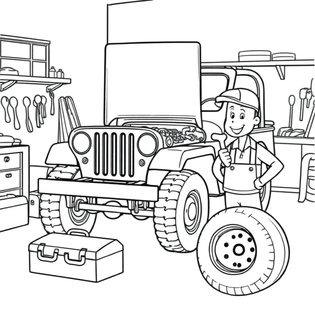 leger willy jeep in werkplaats coloring page for children