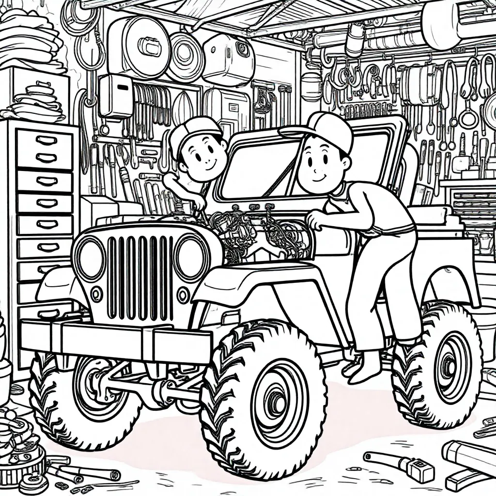 leger willy jeep in werkplaats coloring page for children