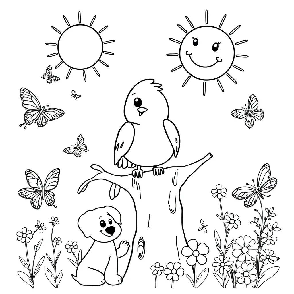 Lente Vogel Boom Natuur Seizoen coloring page for children