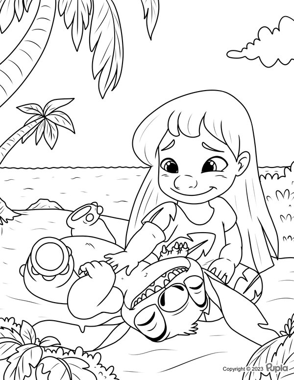 Lilo Acariciando Stitch coloring page for children