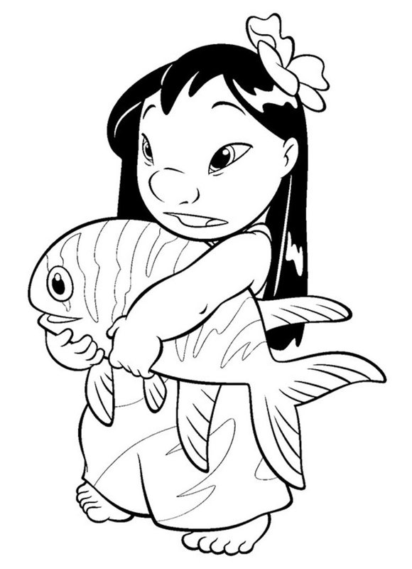 Lilo & Stitch Holding Fish coloring page for children