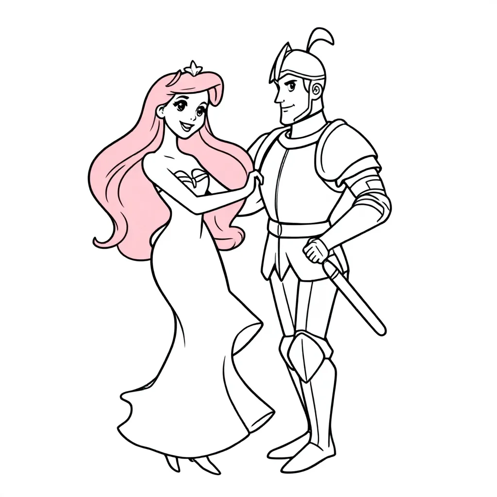 kleine zeemeermin ariel met benen, dansend met een ridder kleurplaat