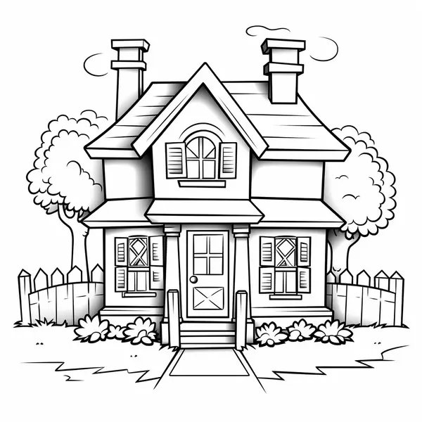 Maison Avec Arbres Et Cloture coloring page for children