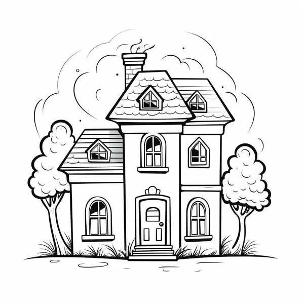 Maison Avec Des Arbres Et De Nombreuses Fenetres coloring page for children