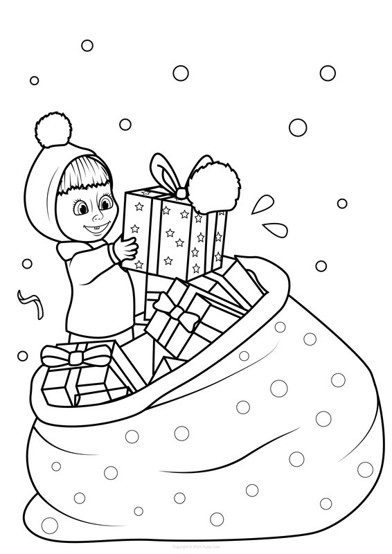 Feuille de coloriage Masha avec un sac de cadeaux