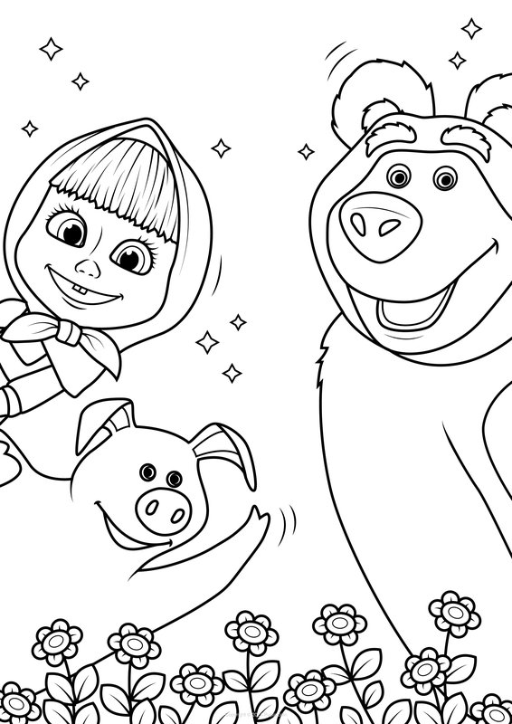 Masha, Michka et Rosie coloring page for children