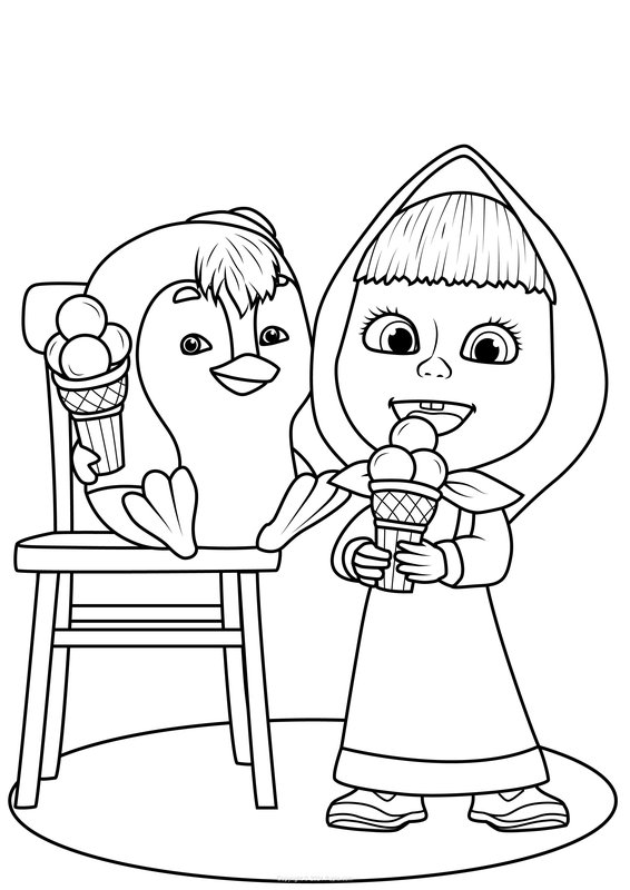 Masha y el pingüino comiendo helado coloring page for children