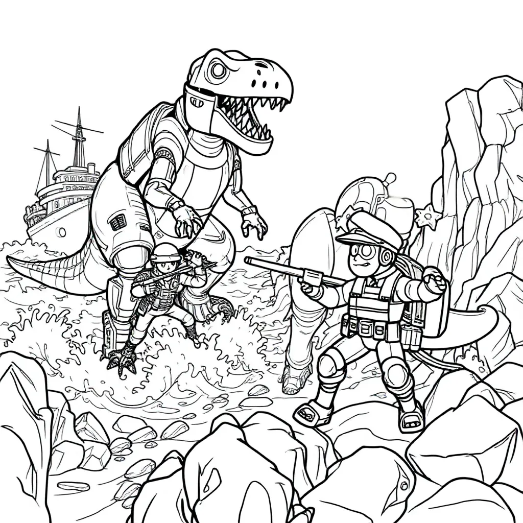 Merchant Marines Fighting Dinosaur Robots coloring page for children