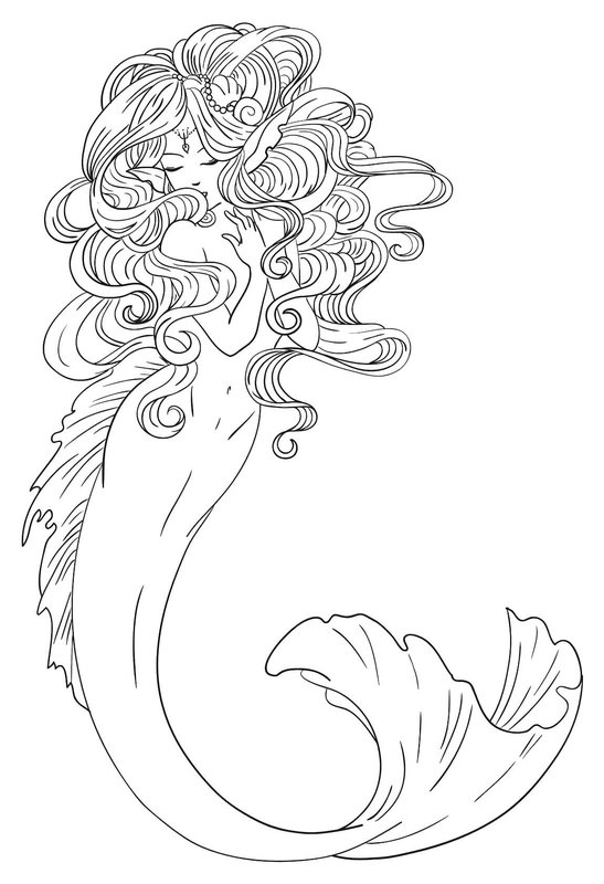 Mermaid With Big Curly Hair coloring page for children