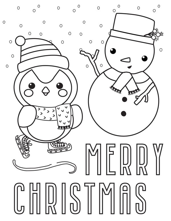 Merry Christmas Penguin Snowman coloring page for children