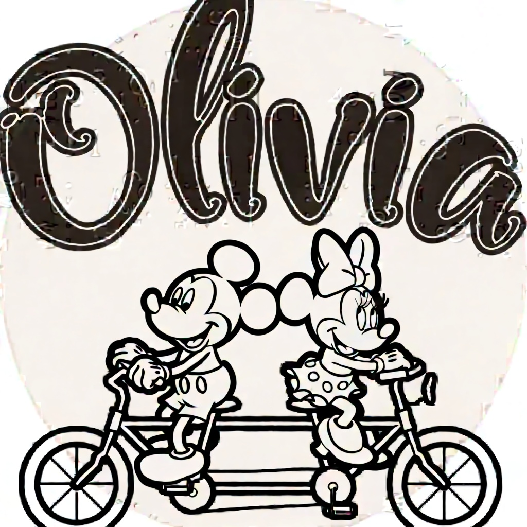 mickey mouse en mini mouse op een fiets met kleine letters coloring page for children