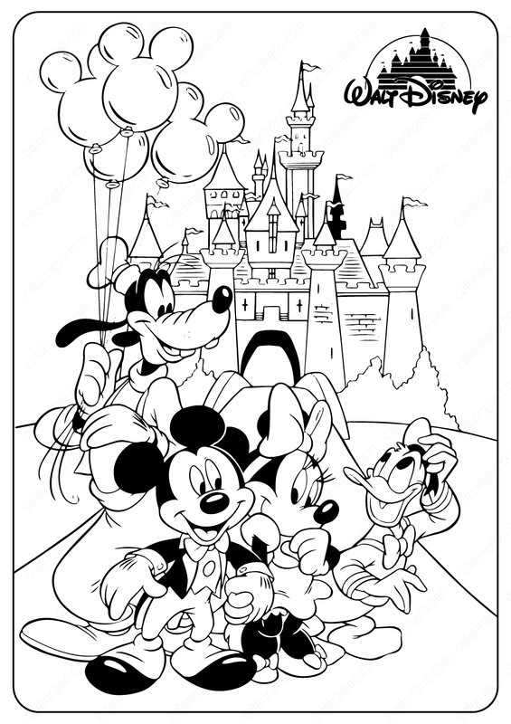 Feuille de coloriage Mickey Mouse et ses amis devant le château