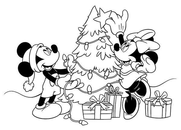 Mickey Mouse Und Minnie Schmucken Den Weihnachtsbaum coloring page for children