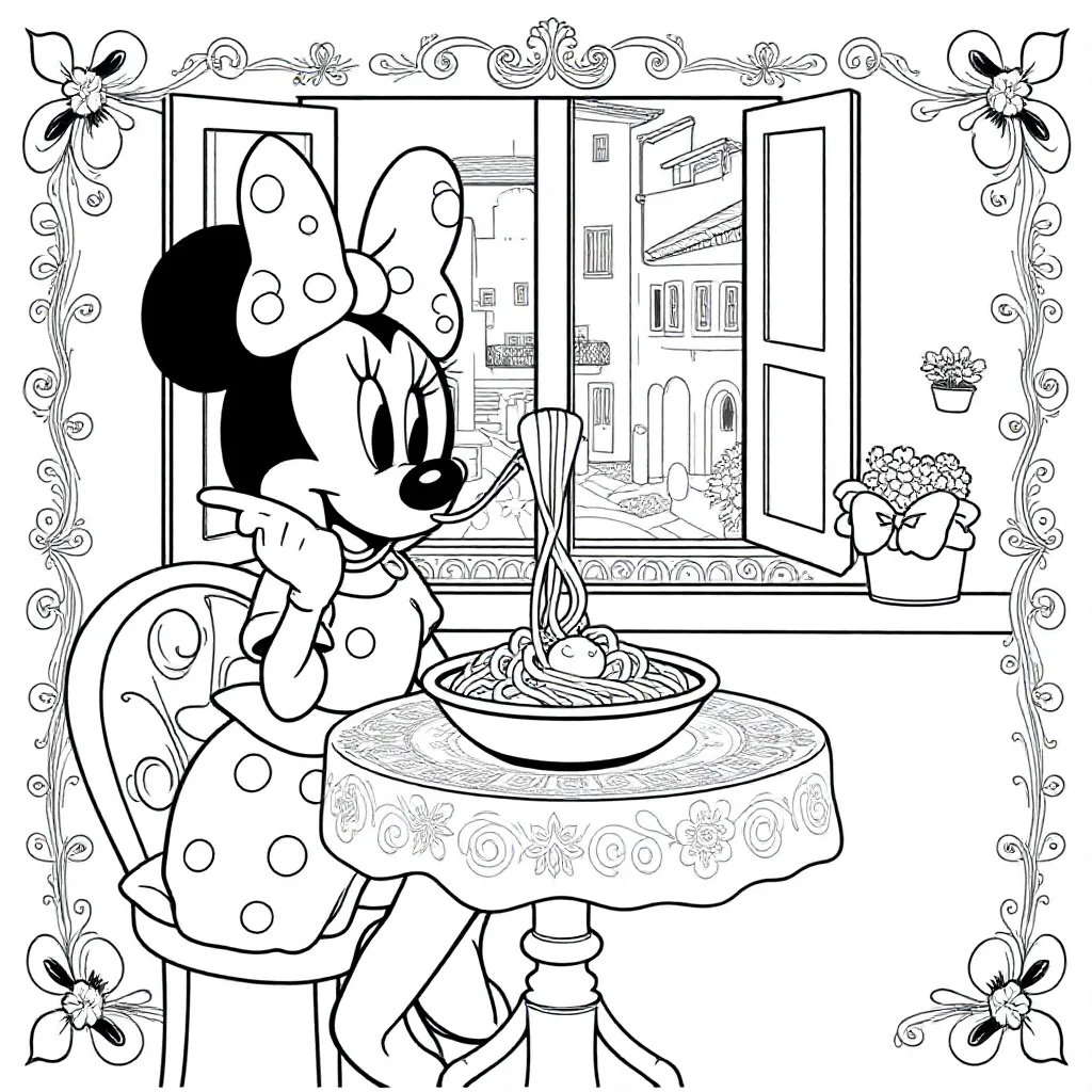 Minni Mouse Eet Pasta coloring page for children