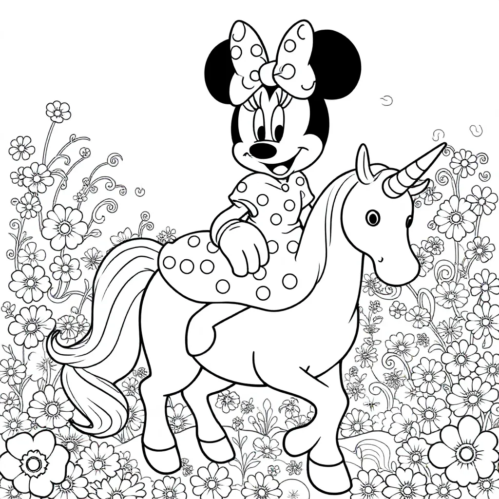 Feuille de coloriage gratuite Minnie Mouse assise sur une licorne  Feuille de coloriage pour enfants