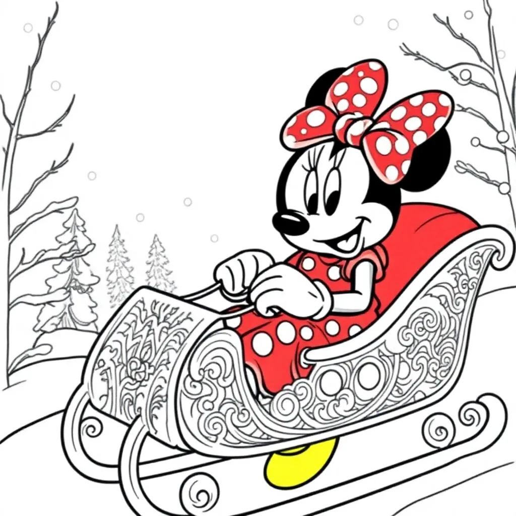 Feuille de coloriage gratuite Minnie Mouse sur un traîneau de rennes  Feuille de coloriage pour enfants