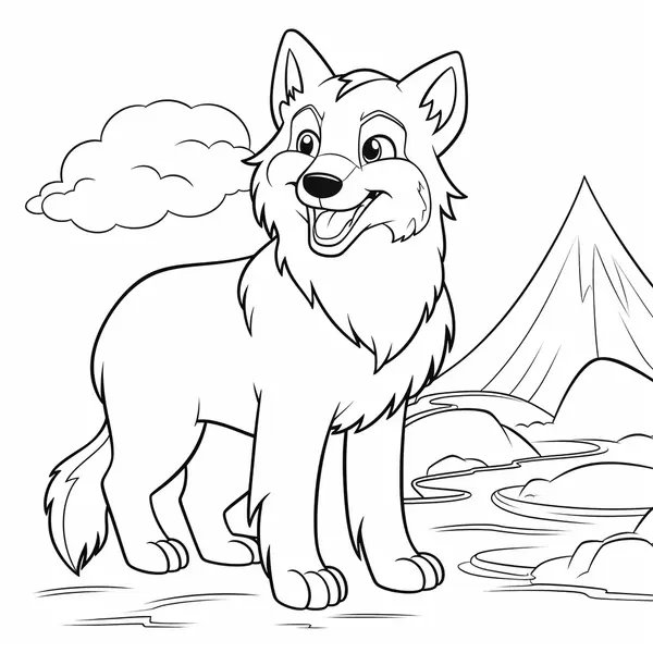 Feuille de coloriage Loup mignon avec arrière-plan montagneux