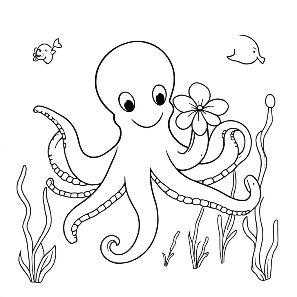 octopus met bloem in de zee kleurplaat voor kinderen