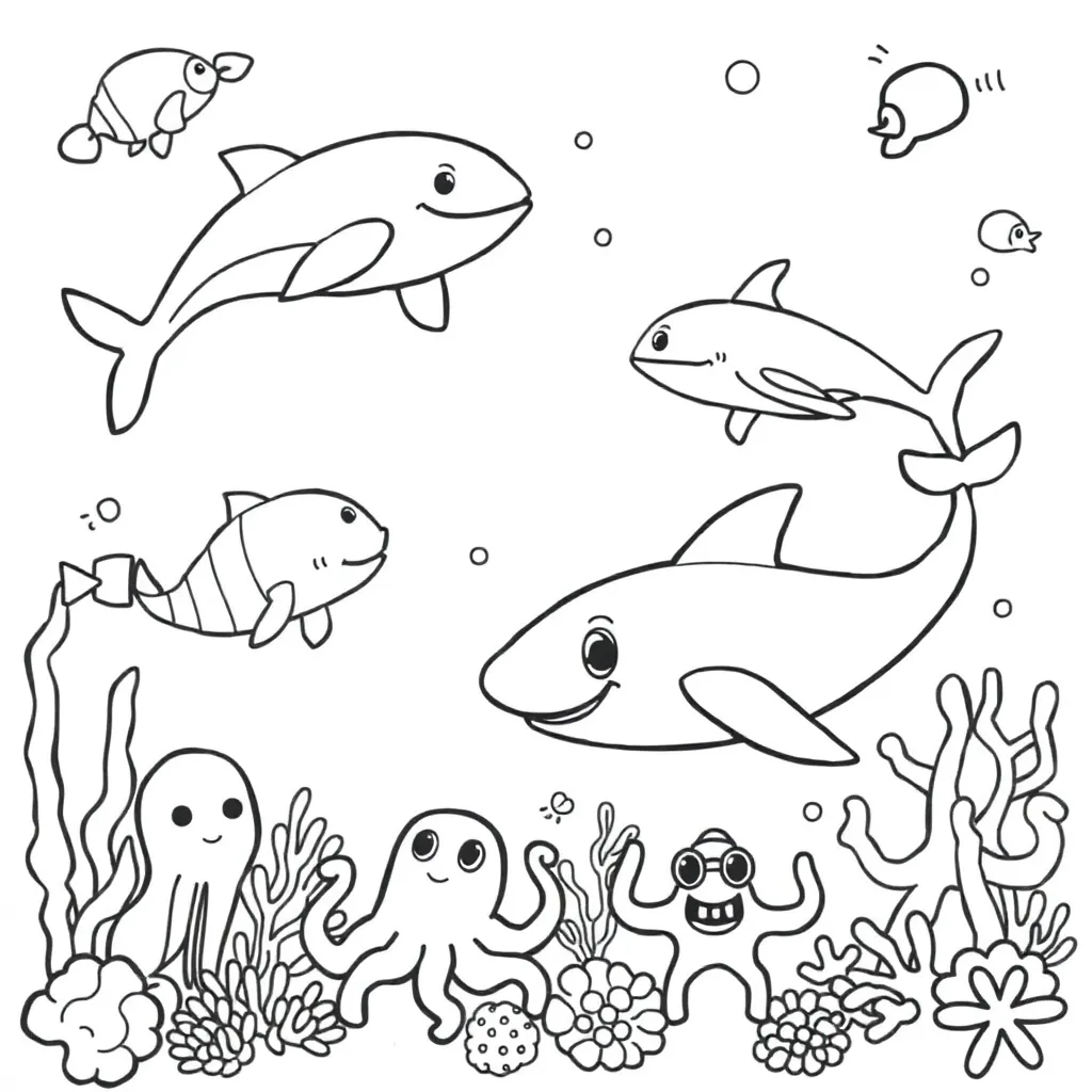 Plantilla de colorear gratis Animales marinos submarinos de dibujos animados Educativa Creativa para colorear