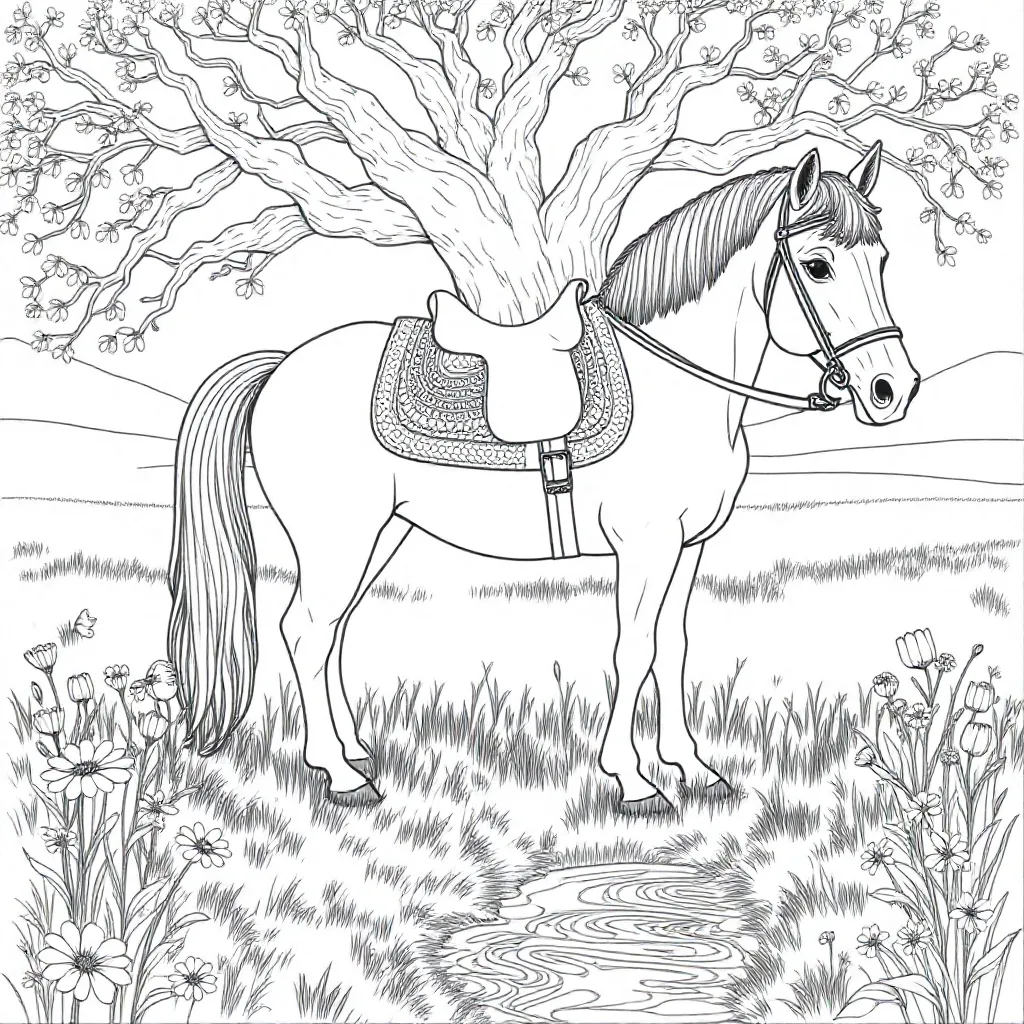 Opgezadeld paard in weiland coloring page for children