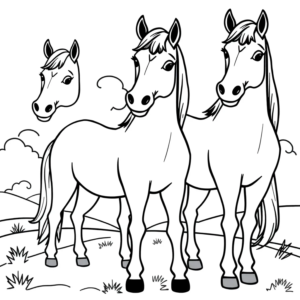 Paarden Cartoon Weide Vrolijk Natuur coloring page for children