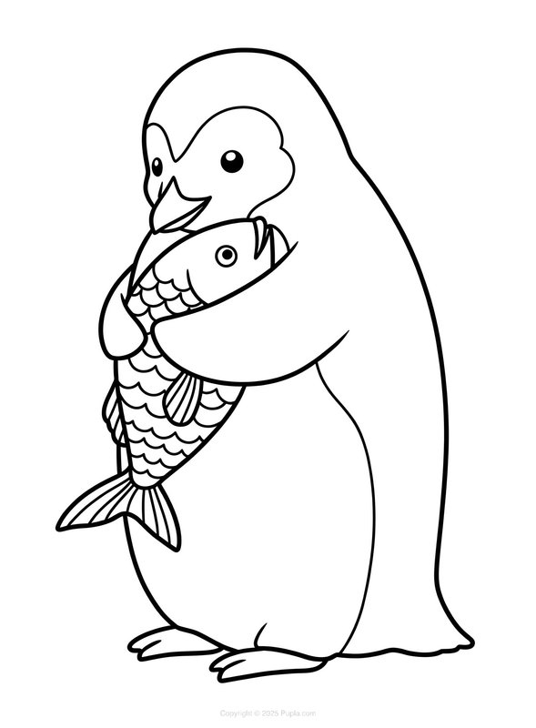 Penguin Hugging A Fish coloring page for children