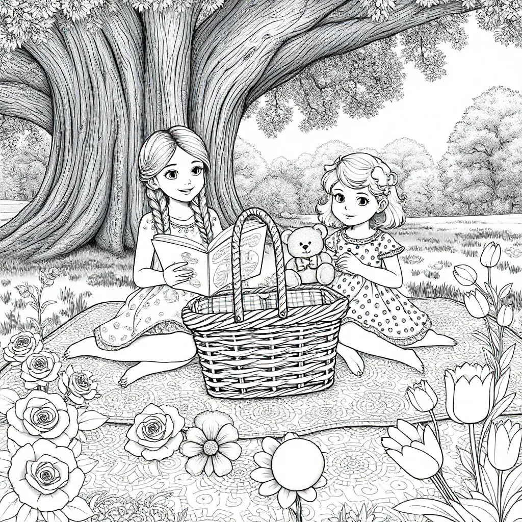 2 zusjes die samen picknicken in een park kleurplaat voor kinderen