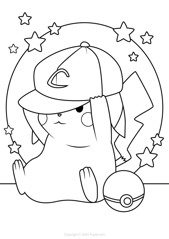 Pikachu Wearing a Cap coloring page for children