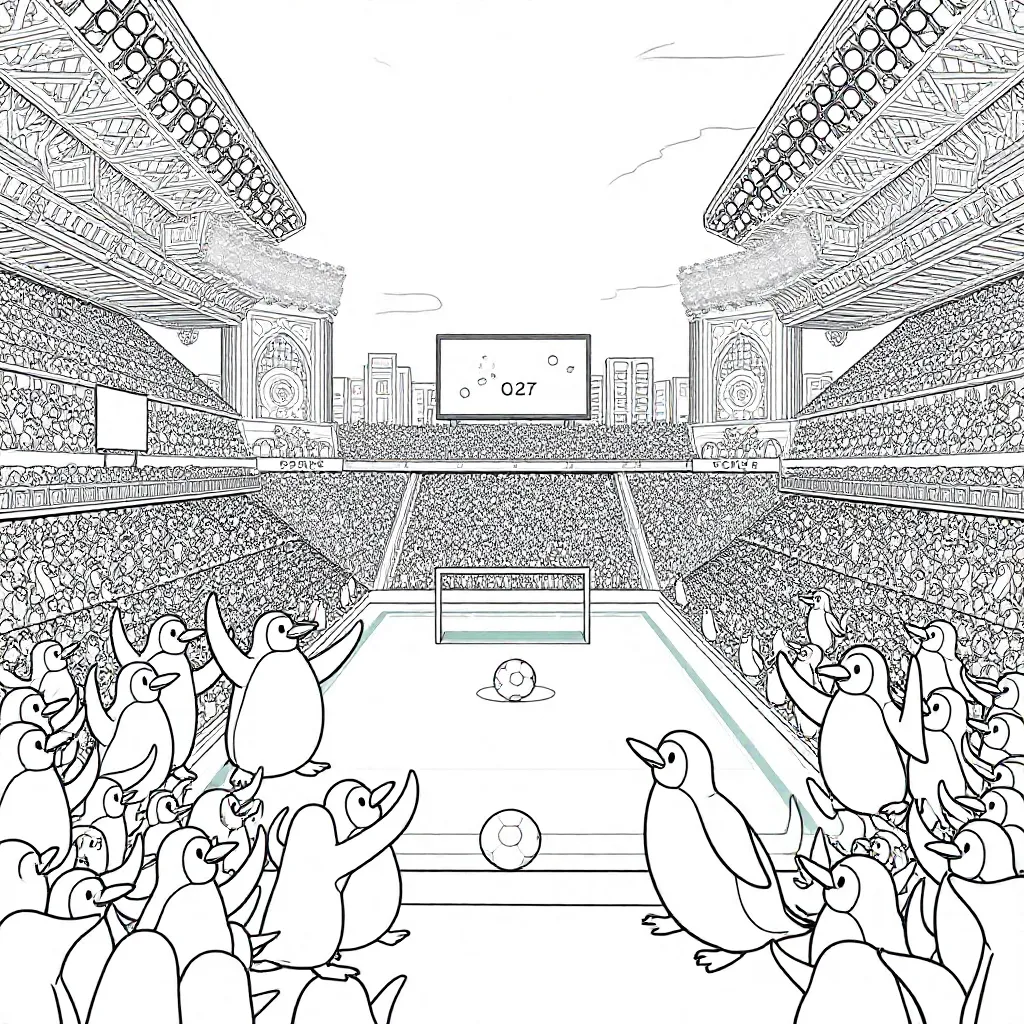 pinguïns in een voetbalstadion met de letters FC Pinguinski erop kleurplaat voor kinderen