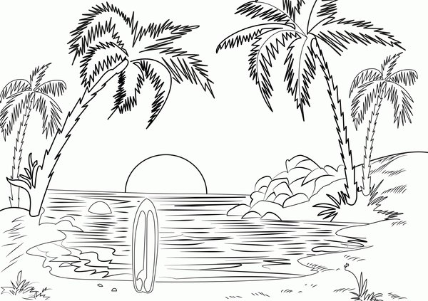 Playa Con Palmeras Y Tabla De Surf coloring page for children