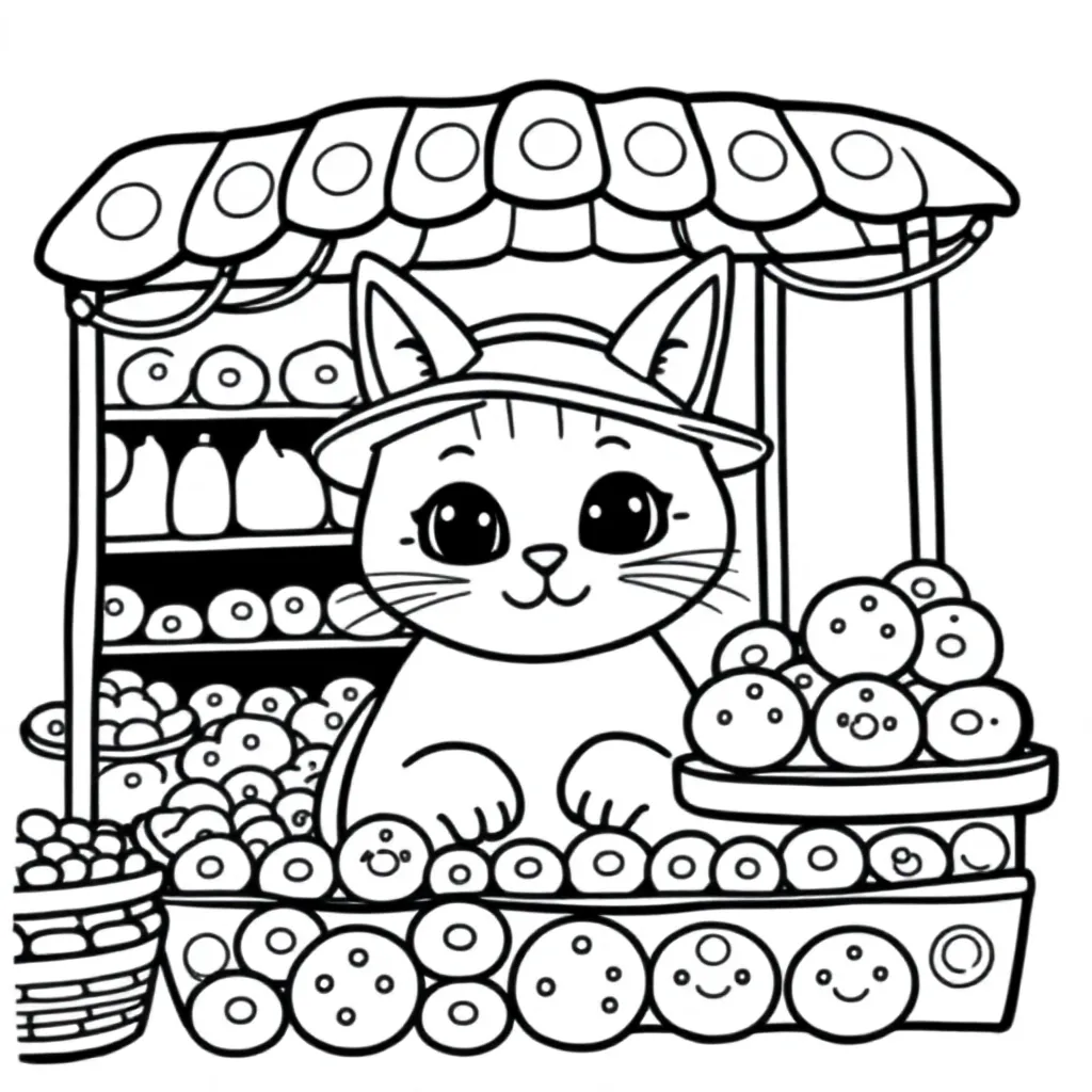 Poes Met Een Hoed Die Op De Markt Staat Koekjes Te Verkopen coloring page for children