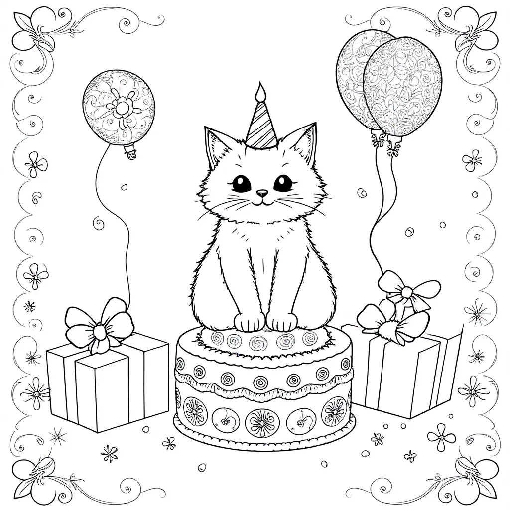 Poes op een verjaardag coloring page for children